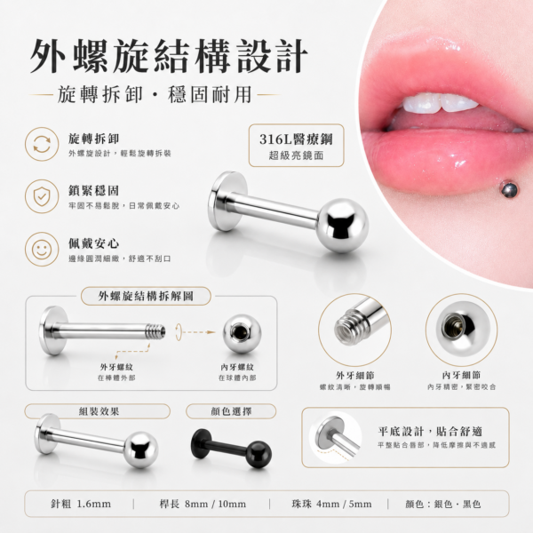 316L醫療鋼外螺旋唇環