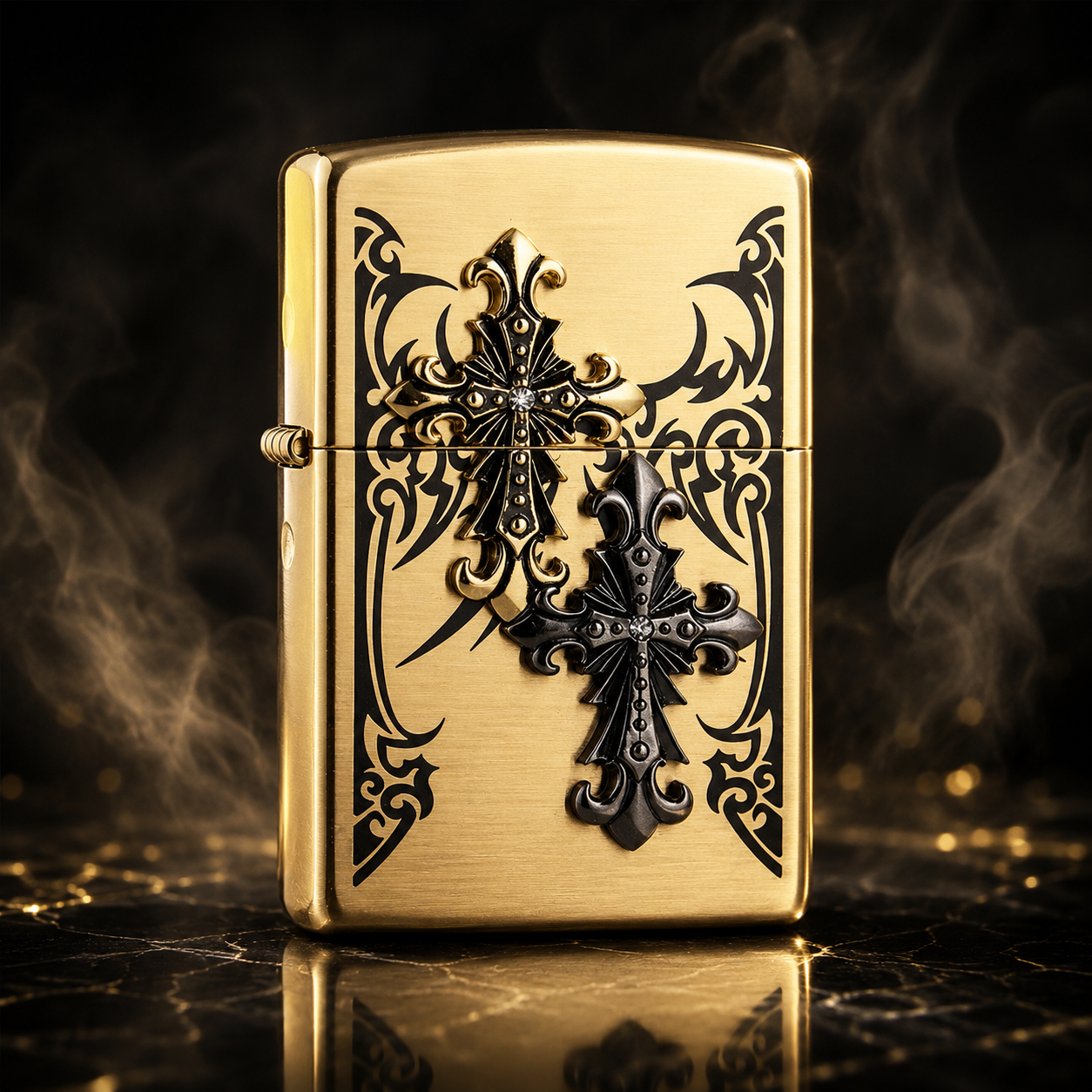 Zippo 打火機｜韓版－金雙十字架貼章