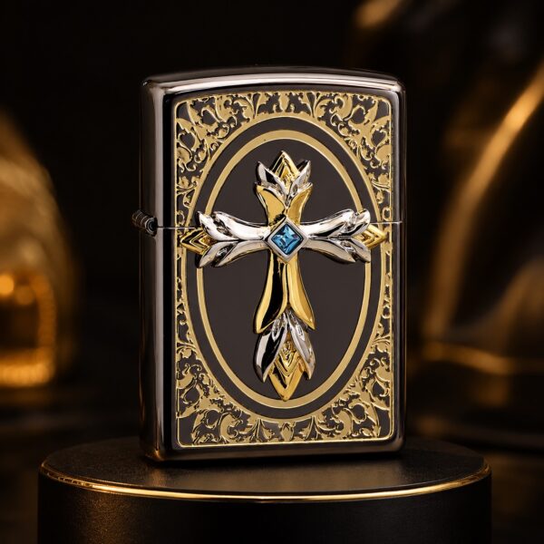 Zippo 藍鑽十字架黑金雕花 打火機