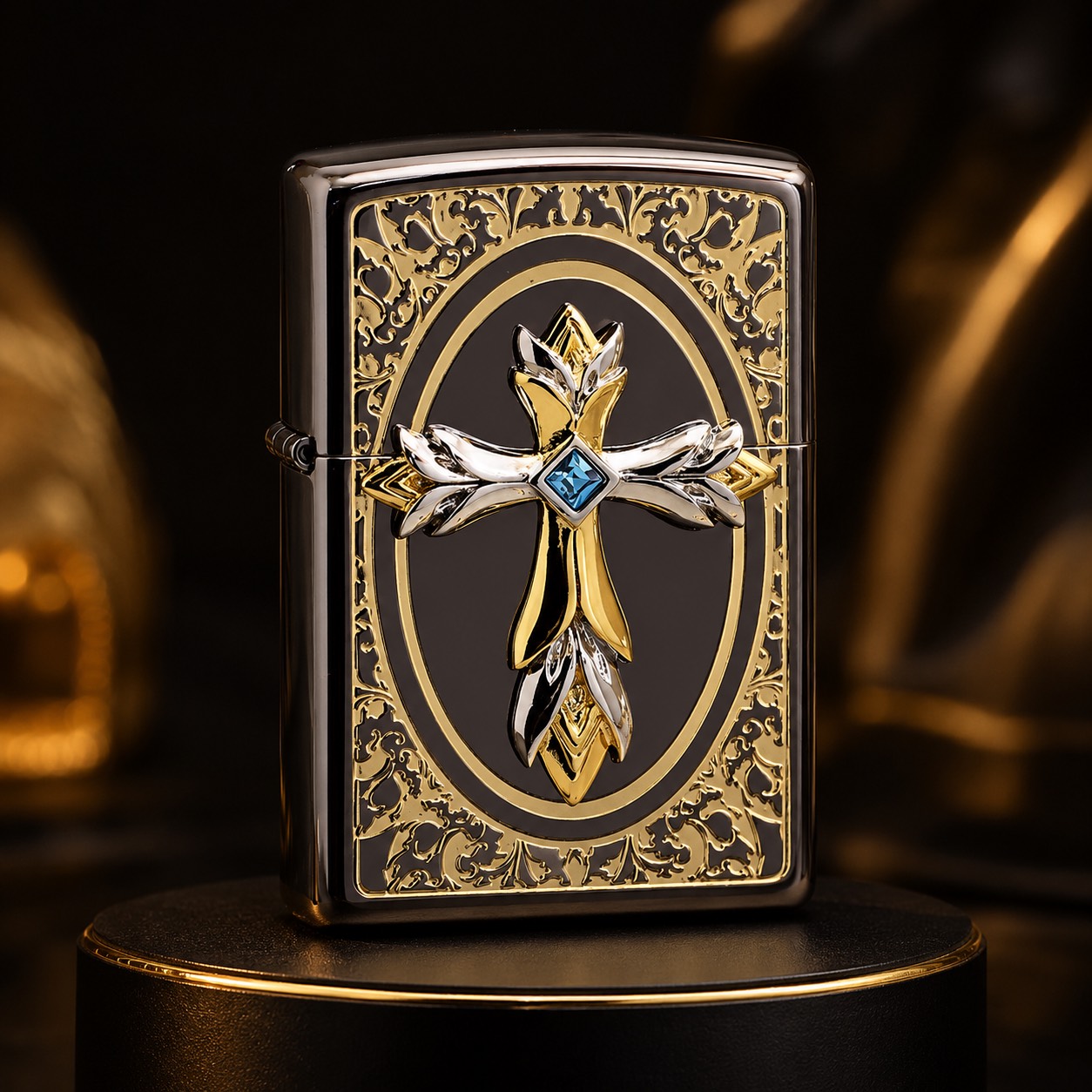 Zippo 藍鑽十字架黑金雕花 打火機