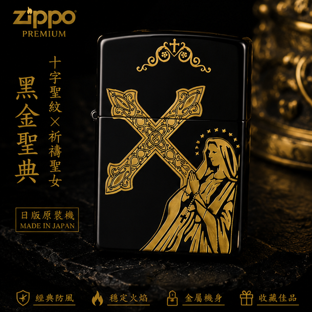 Zippo 打火機 黑燙金聖母瑪利亞