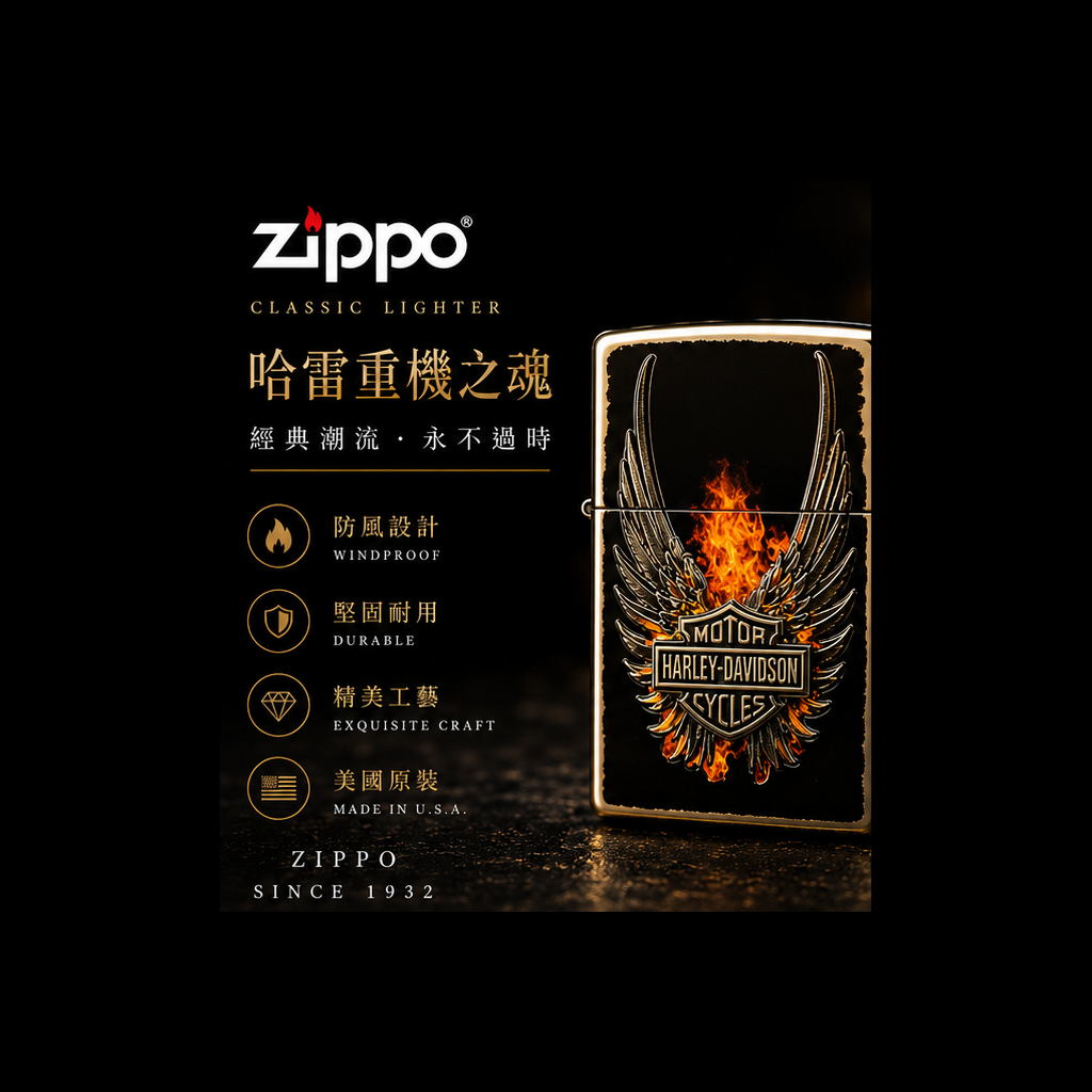 Zippo 打火機 哈雷火焰之翼